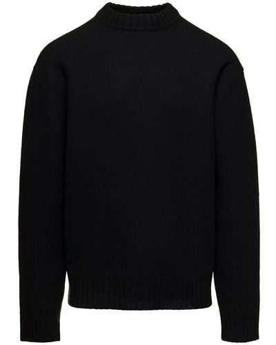 Jil Sander Black Crewneck Sweater With Ribbed Trim In Wool Man
