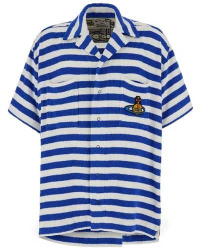 Vivienne Westwood And Striped Bowling Shirt With Orb Embroi - Blue
