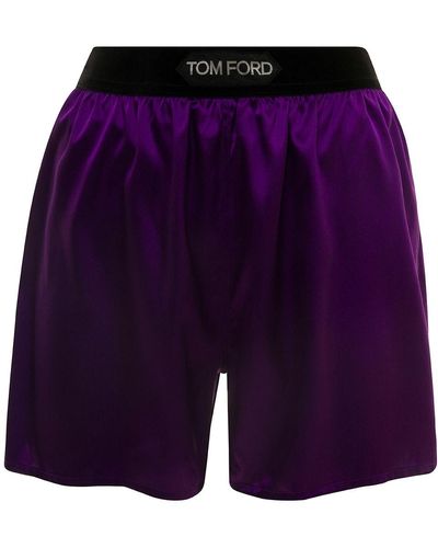 Tom Ford Purple Loose Trousers With Logo Patch In Stretch Silk Woman