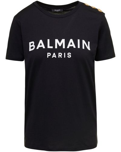 Balmain T-shirt With Logo And Golden Buttons - Black