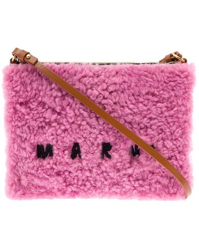 Marni Sheepskin And Leather Crossbody Bag With Logo Woman - Pink