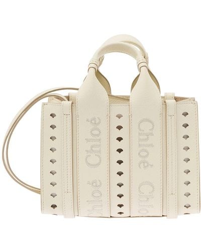 Chloé Mini Tote Bag With Logo Embroidery And Cut-Out - White