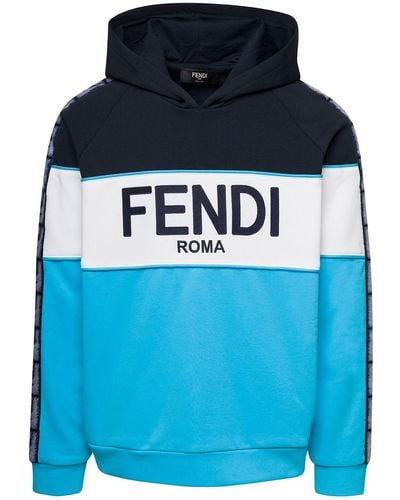 Fendi Multicolor Hoodie With Logo Print In Cotton Blend Man - Blue
