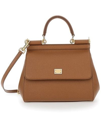 Dolce & Gabbana 'Sicily' Handbag With Logo Plaque - Brown