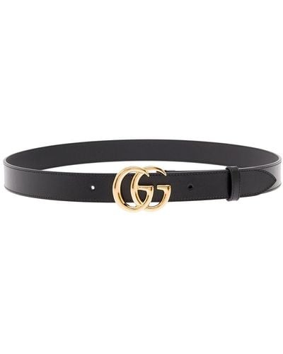 Gucci Leather Belt With gg Golden Metal Buckle - Black