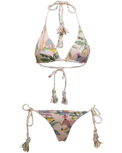 RED Valentino Woman's Multicolour Stretch Fabric Bikini With Elephant Print And Tassels - White