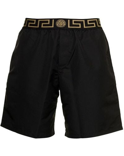 Versace Beach Bermuda Shorts With Logo And Greca Motif - Black