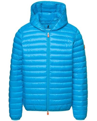 Save The Duck Hooded Puffer Jacket With Zip Fastening And Logo In - Blue
