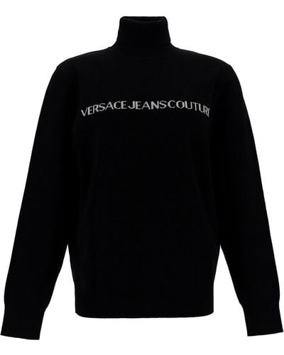 Versace Black Turtleneck With Contrasting Logo Lettering In Cotton And Cashmere