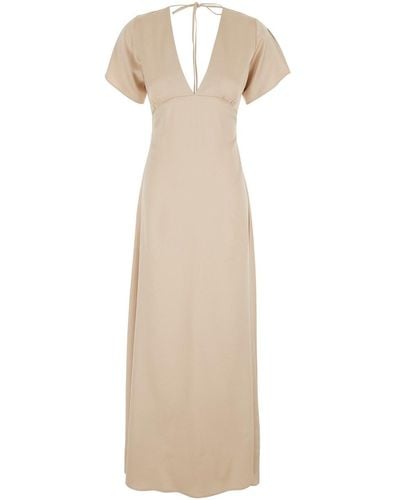 Plain Long Dress With Bow - Natural