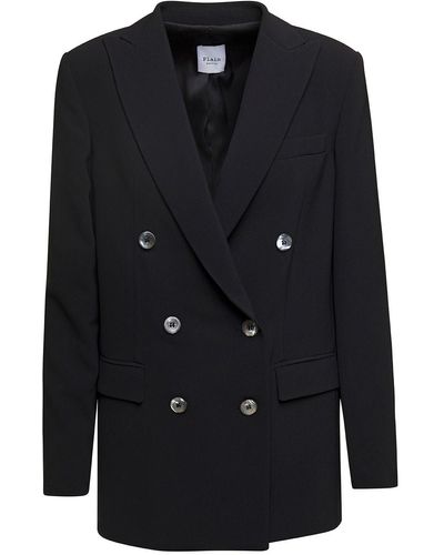 Plain Double-Breasted Jacket With Peaked Revers And Tonal Button - Black