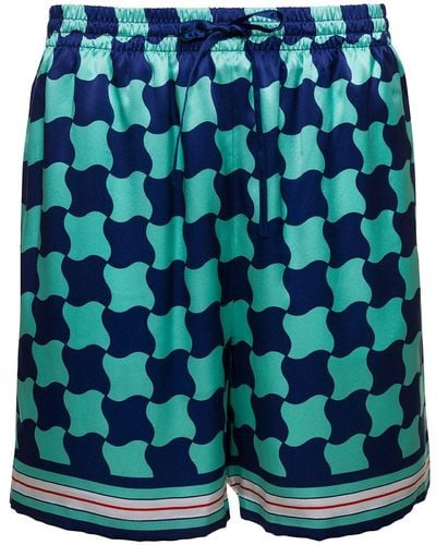 Casablancabrand E Shorts With Drawstring And Graphic Print In Silk Man - Blue