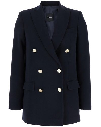 Plain Double-Breasted Jacket With Golden Buttons - Blue