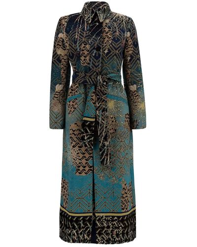Forte Forte 'a Leopard In The Stars' Long Multicolour Coat With Jacquard Motif And Matching Belt In Mixed Tech Materials - Green
