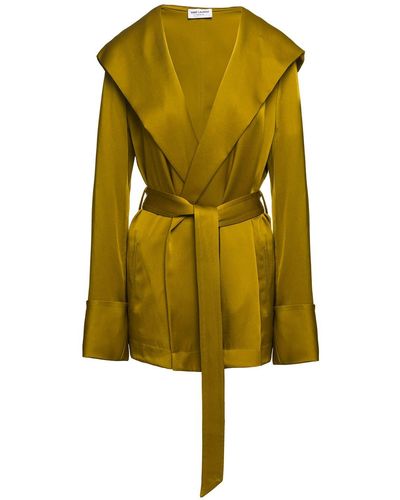 Saint Laurent Hooded Jacket In Vert Mousse Crepe Satin Woman - Yellow
