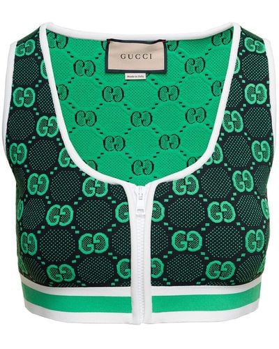Gucci Top corto senza iche con stampa 'monogram' all-over in viscosa verde