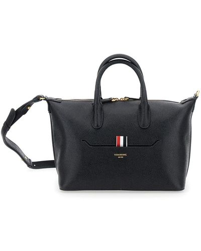 Thom Browne Small Duffle Bag With Laminated Logo And Loop - Black