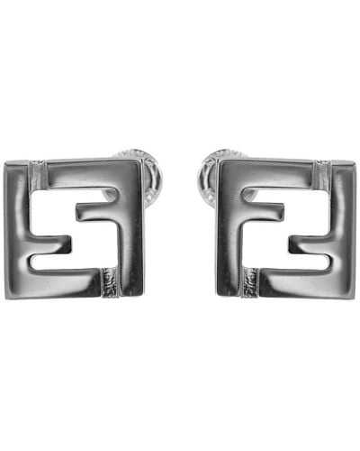 Fendi 'Forever ' Palladium Finish Stud Earrings With Ff Shape In - Metallic