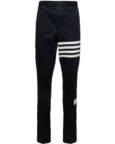 Thom Browne Navy Blue Trousers With 4 Bar Detail In Cotton Man