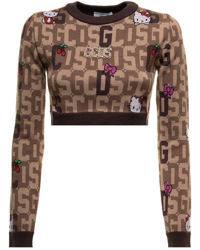 Gcds Maglioncino crop in maglia misto lana con hello kitty e logo jacquard a contrasto donna - Marrone