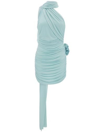Magda Butrym Light Draped Mini Dress With Roses Applications - Blue