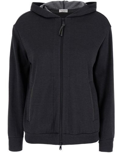 Brunello Cucinelli Silk Cotton Hooded Sweatshirt - Black