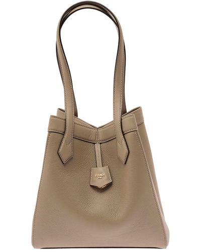 Fendi 'origami Medium' Grey Tote Bag With Eight Magnets Closure And Logo In Grained Leather - Natural