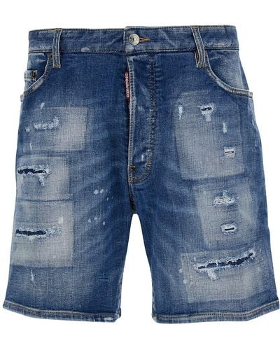 DSquared² Light Bermuda Shorts With Rips And Logo Patch - Blue