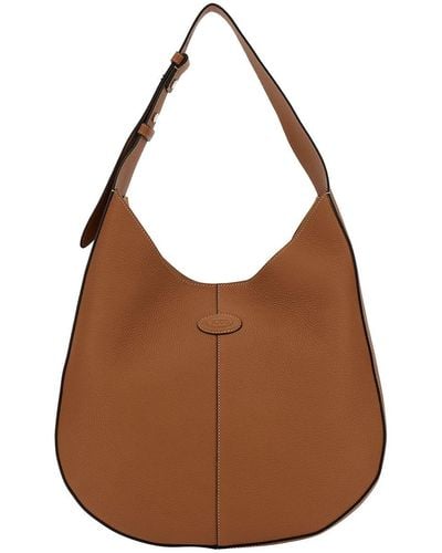 Tod's Brown Hobo Handbag With Tonal Embossed Logo In Grainy Hammered Woman