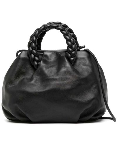 Hereu 'bombon M' Handbag With Braided Handles In Shiny Leather - Black