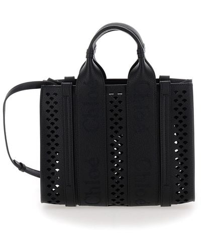 Chloé 'Piccola Woody' Tote Bag With Perforated Edges And Logo In - Black