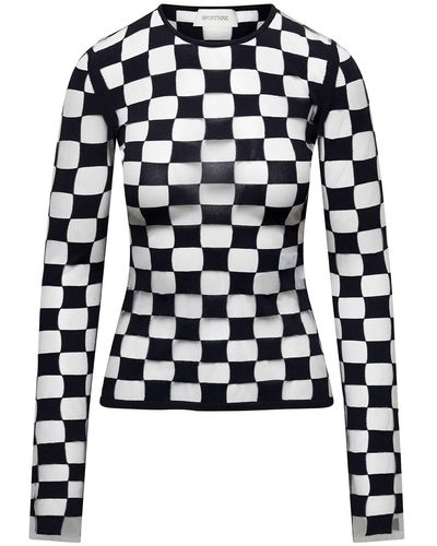 Sportmax Top With Extra Long Sleeves And Checkerboard Effect In - Blue