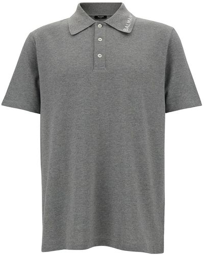 Balmain Grey Polo Shirt With Logo Embroidery On Collar In Cotton Man