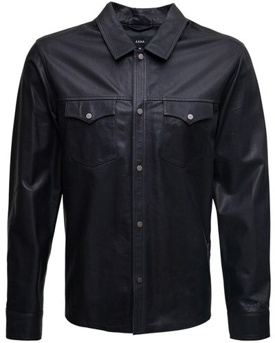 Arma Leather Shirt With Pockets - Black