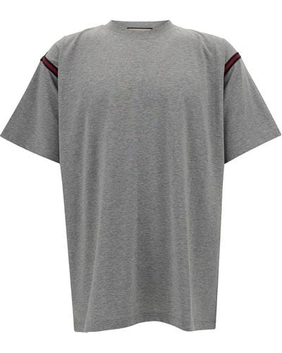 Gucci Crewneck T-shirt With Web Print In Cotton - Grey