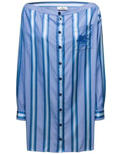 Etro Mini Abito Camicia A Righe Off-Shoulder - Blu