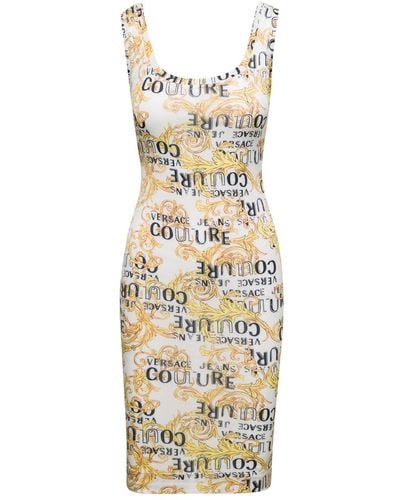 Versace Multicolour Midi Dress With Wide Shoulder Straps And All-over Couture Logo Print In Polyester Woman - Metallic