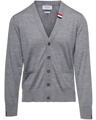 Thom Browne Jersey Stitch Relaxed Fit V Neck Cardigan - Grey