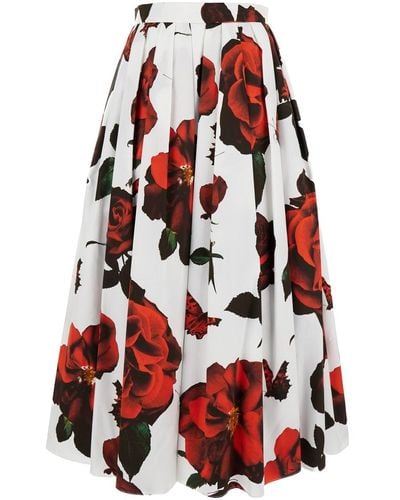 Alexander McQueen Tudor Rose Print Pleated Midi Skirt - Red