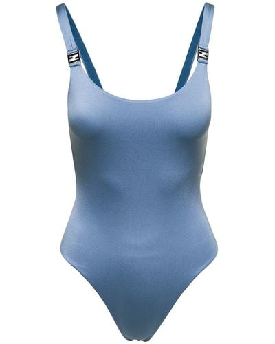 Fendi Light- One-Piece Swimsuit With Metal Ff Detail - Blue