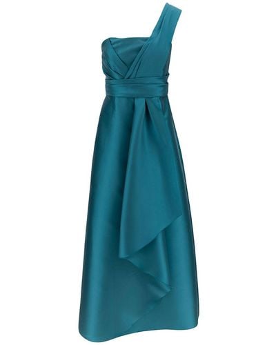 Alberta Ferretti 'mikado' Light Blue Maxi One-shoulder Draped Dress In Satin Woman