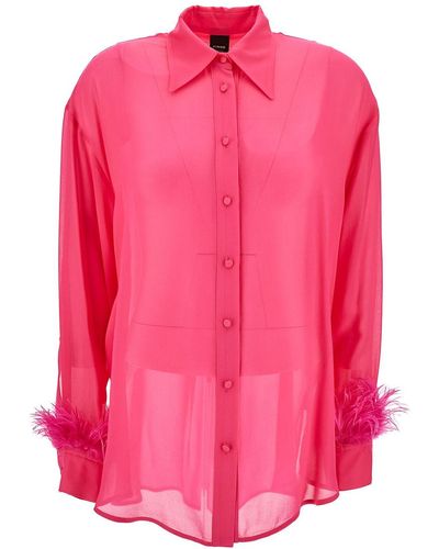 Pinko 'Circe' Fuchsia Semi-Sheer Shirt With Feathers On Cuffs - Pink