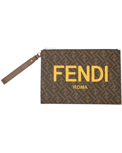 Fendi Flat Pouch With Ff Diagonal Motif And Logo Print In Canvas Man - Metallic