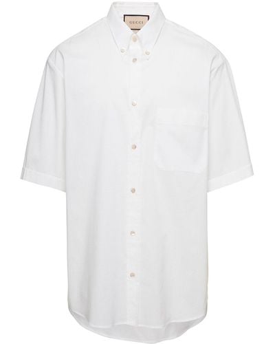 Gucci Short Sleeved T-shirt With Rear Logo Patch And Button-down Collar In Cotton Blend - White