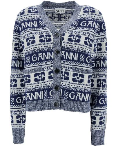 Ganni Cardigan With Graphic Print All-Over - Blue