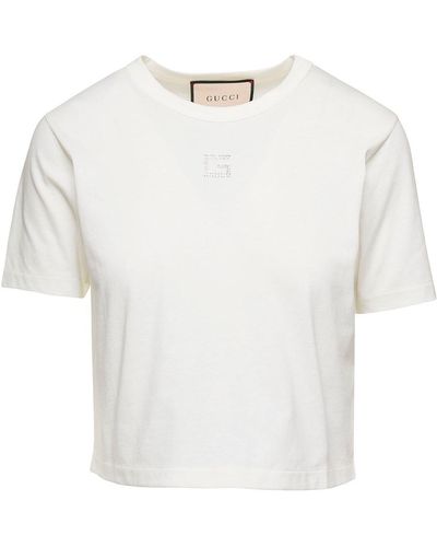 Gucci Cropped T-shirt With Embellished Retro Square G In Cotton - White