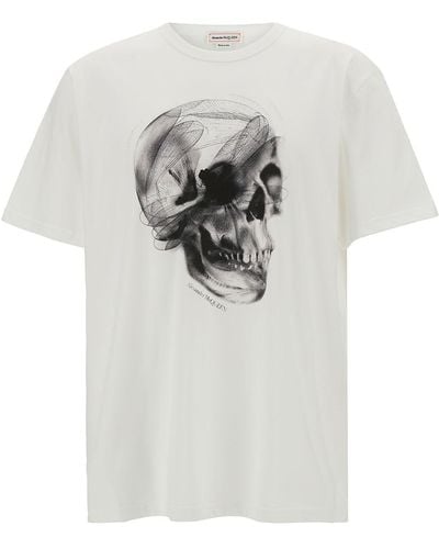 Alexander McQueen White Crewneck T-shirt With Contrasting Skull Print In Cotton - Gray