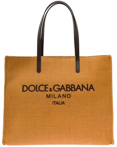 Dolce & Gabbana Tote Bag With Contrasting Logo Embroidery In Raffia Man - Natural
