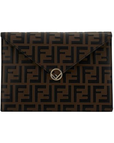 Fendi 'f Is ' Large Slim Pouch With Macro Ff Motif In Leather - Black