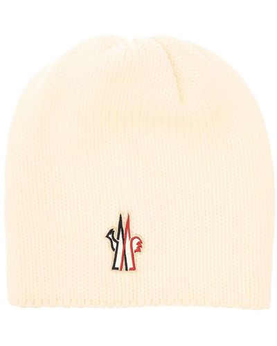 3 MONCLER GRENOBLE White Beanie With Logo Patch In Wool - Natural